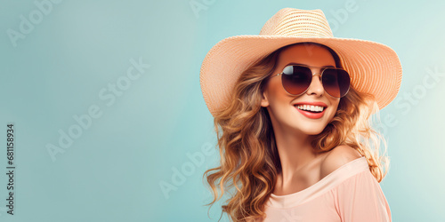 Happy woman in a hat and sunglasses on a pastel background. ai generative