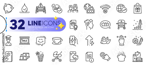 Outline set of Engineering, Smile chat and Waterproof line icons for web with Cooking hat, Touchscreen gesture, Multitasking gesture thin icon. Dog certificate, Student. Vector