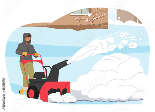 Character Operates A Snowblower At House Front Yard, Shooting Snow From A Machine Chute, Clearing A Snowy Path