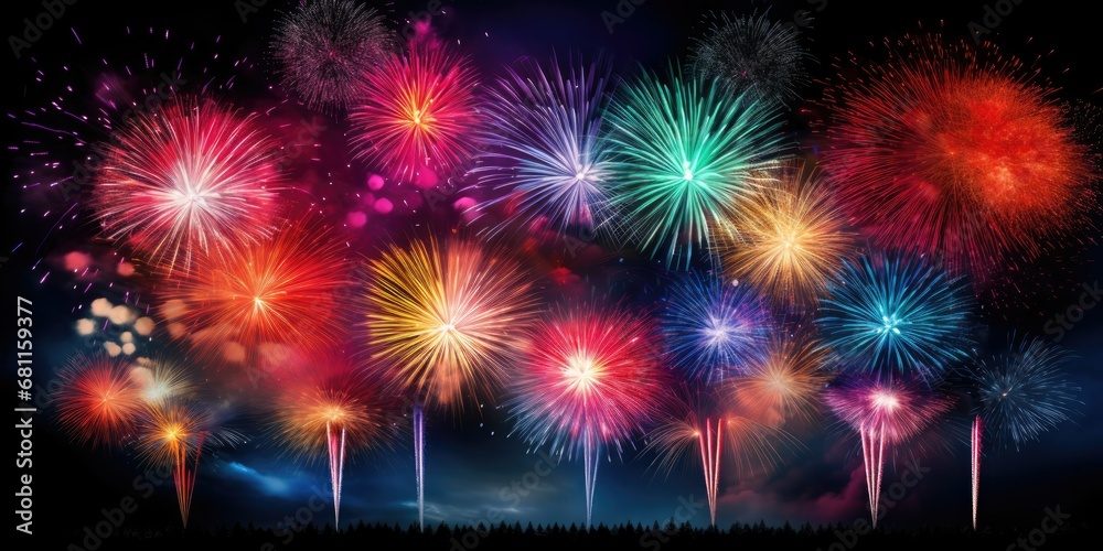 brilliance of colorful fireworks against the black expanse of the night sky. Each explosion is a radiant burst of joy, transforming the darkness into a dazzling display 