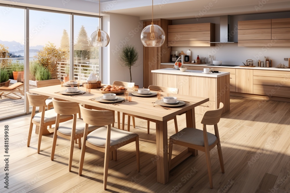 A modern Scandinavian-style interior design for a kitchen features a wooden dining table and chairs