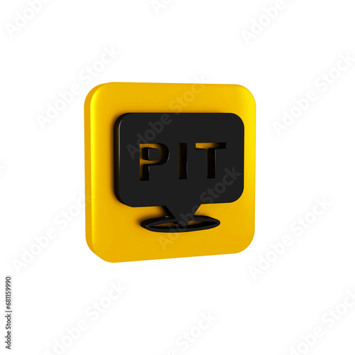 Black Pit stop icon isolated on transparent background. Yellow square button.