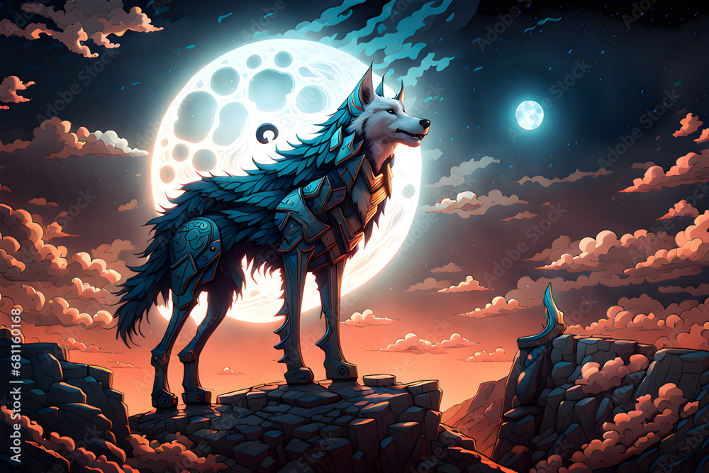 lone wolf under the full moon.
Generative Al - obrazy, fototapety, plakaty 