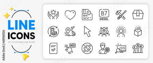 No puzzle, Search and Diesel line icons set for app include Change money, Card, Package box outline thin icon. Cursor, Checked file, Hammer tool pictogram icon. Support, Yoga, Currency rate. Vector