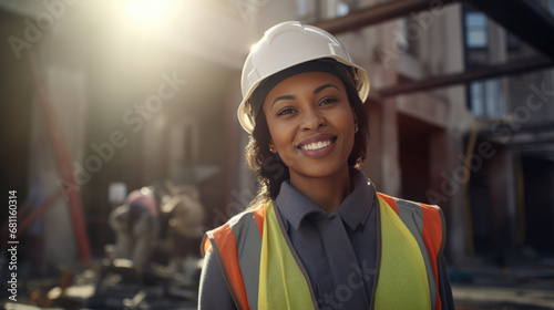 Smiling woman wearing a safety hardhat and reflective orange vest is standing at a construction site with steel structures in the background.