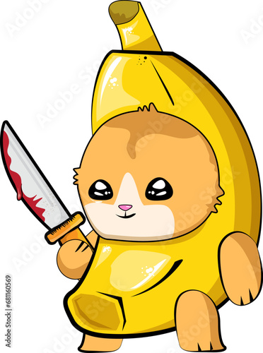 Banana Cat holding bloody knife vector isolated on white background. Funky Sad banana cat meme with knife cartoon vector sticker, label and icon for printing on t shirt. Halloween funky illustration