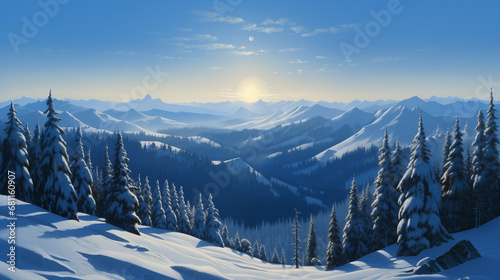 Tranquil Winter Landscape with Majestic Mountains and Snow-Covered Trees © Louis