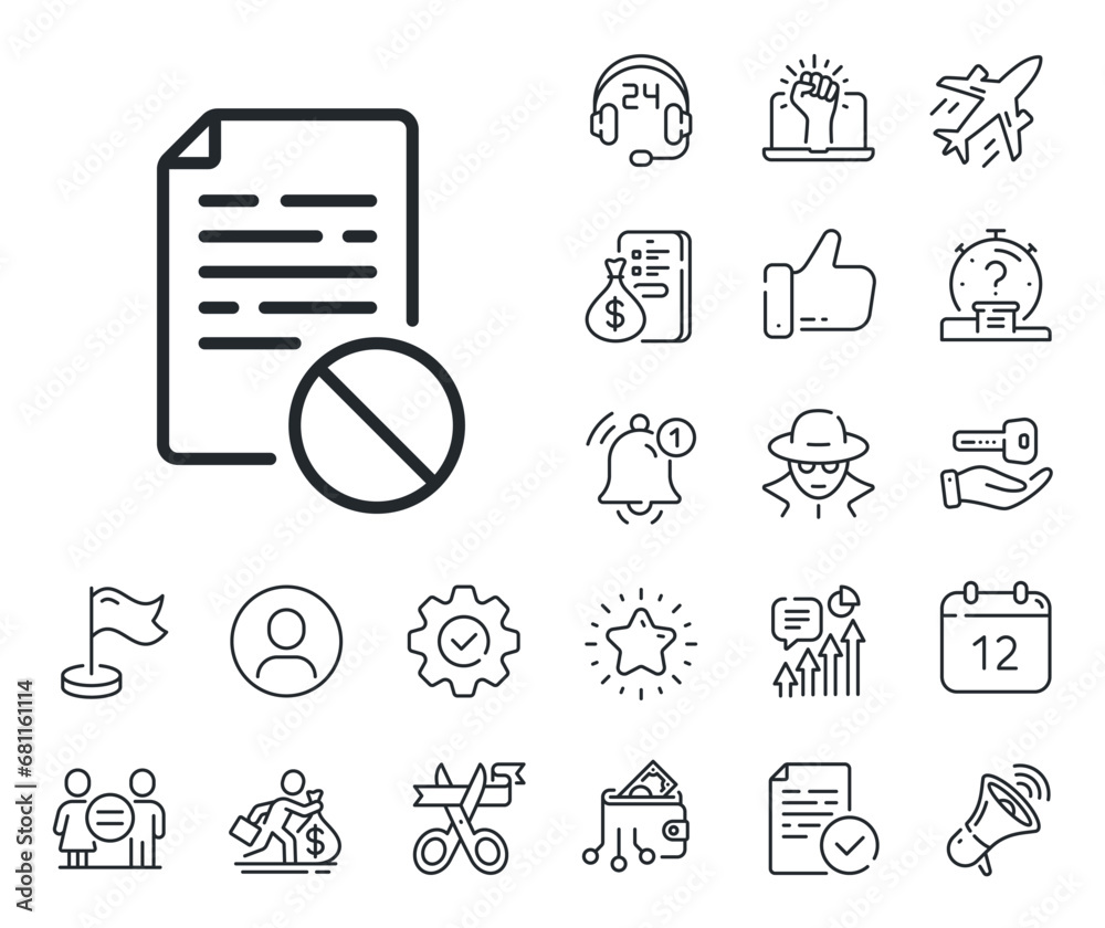 No file sign. Salaryman, gender equality and alert bell outline icons