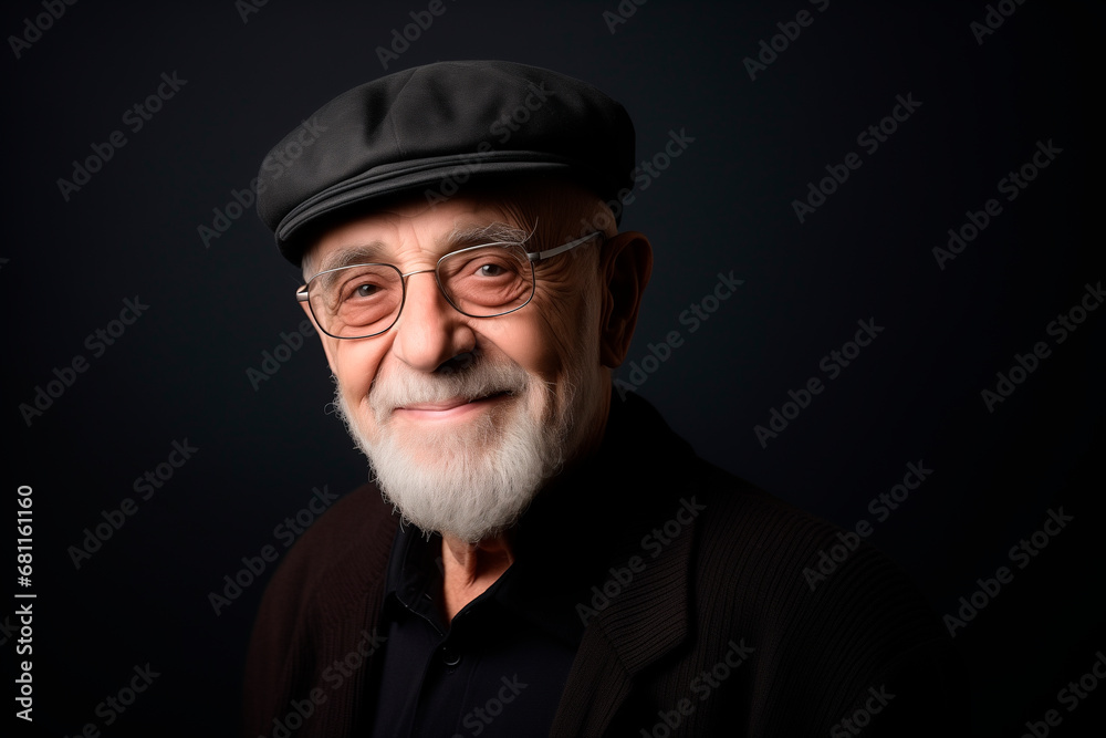 Medium shot portrait photograph of satisfied man in his 90s wearing cap and black jacket Medium shot portrait photograph of satisfied man in his 90s wearing cap and black jacket