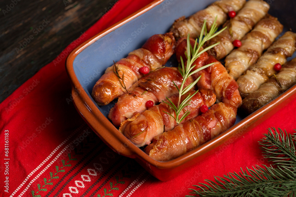 Traditional Christmas dish Sausages wrapped in bacon
