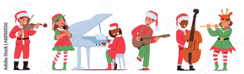 Children In Festive Christmas Costumes Joyfully Play Musical Instruments, Filling The Air With Holiday Cheer