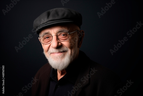 Medium shot portrait photograph of satisfied man in his 90s wearing cap and black jacket