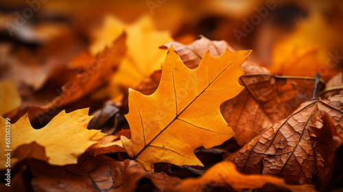 a cluster of orange and yellow autumn leaves and lying on the ground