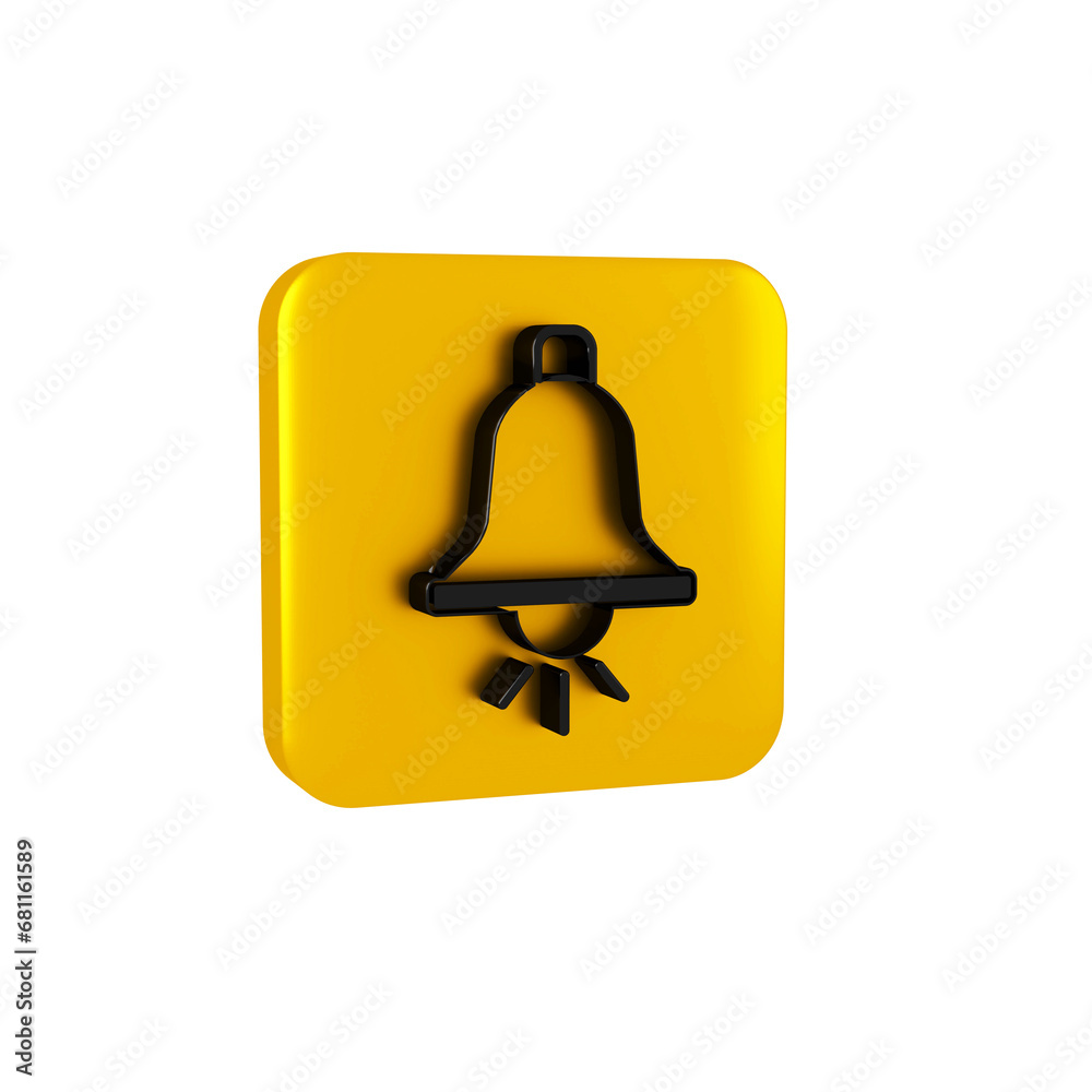 Black Ringing alarm bell icon isolated on transparent background. Fire alarm system. Service bell, handbell sign, notification symbol. Yellow square button. Black Ringing alarm bell icon isolated on transparent background. Fire alarm system. Service bell, handbell sign, notification symbol. Yellow square button.