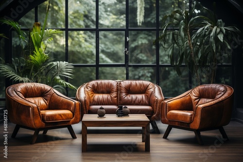 A shabby leather brown sofa and two retro chairs define the art deco style interior design of a modern living room