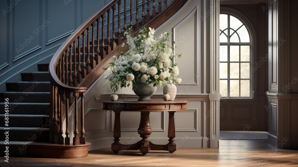 a classy entryway with a grand wooden staircase and a console table with a vase of flowers