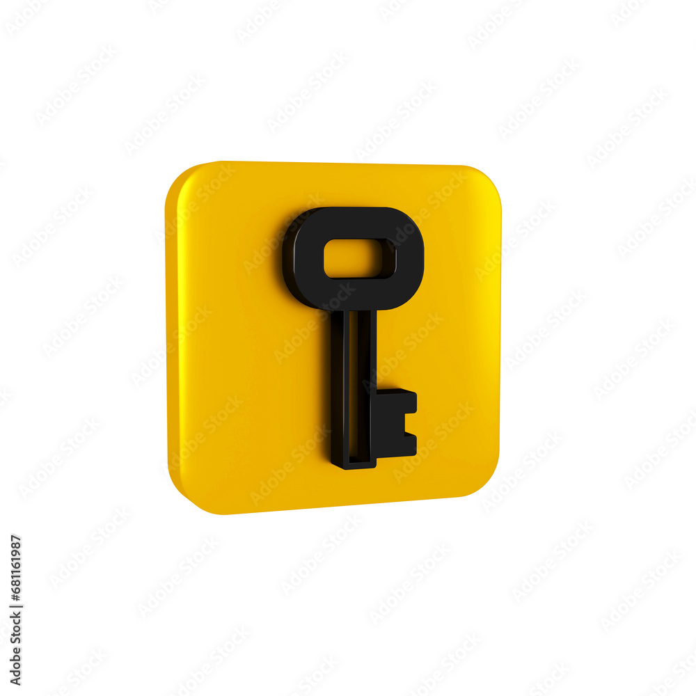 Black Old key icon isolated on transparent background. Yellow square button. Black Old key icon isolated on transparent background. Yellow square button.