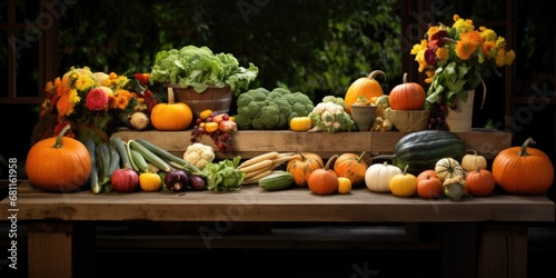 spirit of autumn with a harvest display featuring pumpkins on a rustic wooden table. This Thanksgiving scene is adorned with an array of vegetables