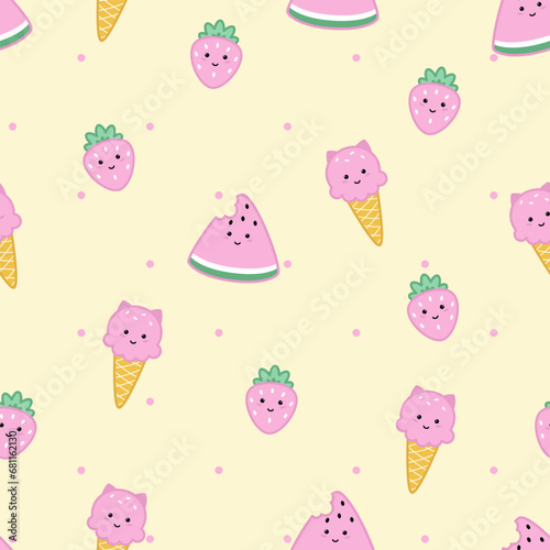 Seamless pattern of cute kawaii style ice cream, watermelon and strawberry.