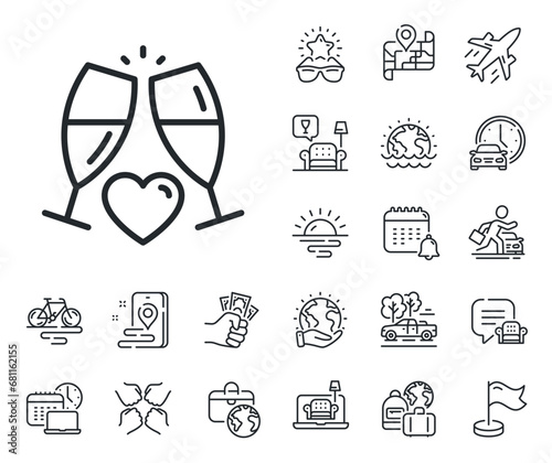 Wedding glasses sign. Plane jet, travel map and baggage claim outline icons. Love champagne line icon. Couple relationships symbol. Wedding glasses line sign. Car rental, taxi transport icon. Vector