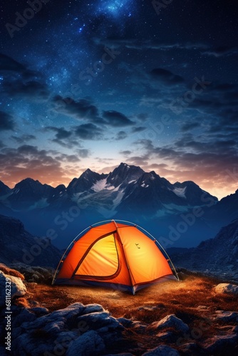 A tent pitched up in the mountains at night.
