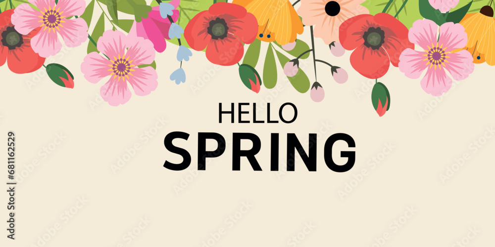 Hello spring. Spring abstract background, banner, poster with spring flowers and leaves. Spring leaves. Modern trendy colorful design. Template for advertising, web, social media. - obrazy, fototapety, plakaty 