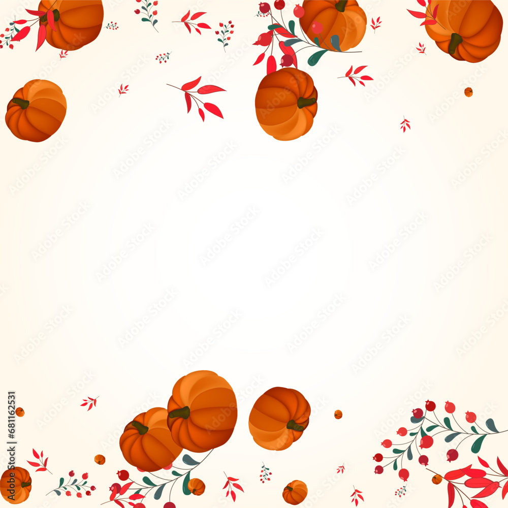 Red Leaves Background Light Vector. Gold Happy Border. Orange Gourd Invitation Texture. Pumpkin Foliage. November Set.