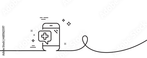 Medicine phone line icon. Continuous one line with curl. Mobile medical help sign. Medical phone single outline ribbon. Loop curve pattern. Vector