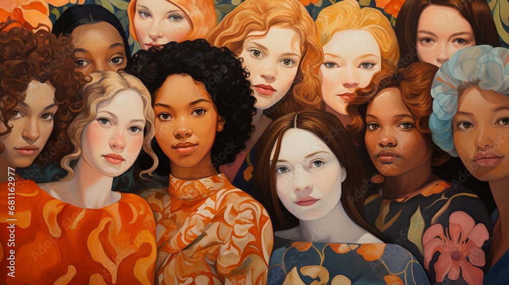 Group of women of different nationalities and cultures, skin colors and hairstyles. Society or population, social diversity. Woman power group portraits. - obrazy, fototapety, plakaty 