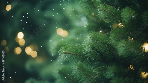 Christmas tree banner with a garland of lights on a blurred background, merry Xmas green branches shiny background with copy space. © JW Studio