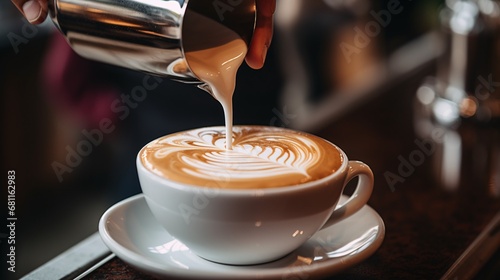 A barista artfully crafts a cappuccino with milk. photo