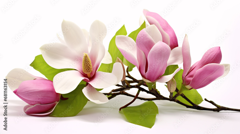 Obraz premium A gorgeous magnolia-filled arrangement on a pristine white surface.