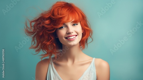 Red hair happy young girl with bangs standing in front of a pastel blue wall smiling and enjoying the moment, with copy space.