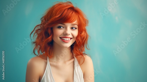 Red hair happy young girl with bangs standing in front of a pastel blue wall smiling and enjoying the moment, with copy space.