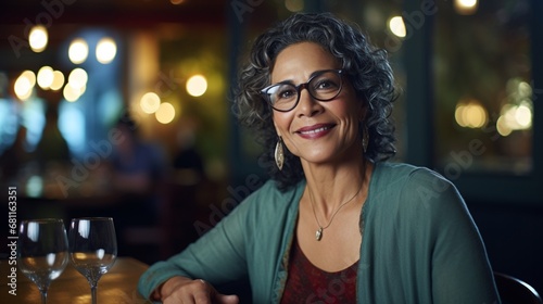 Mature woman with short hair sitting in a bar on shiny indoor background with copy space  woman have fun on holidays.