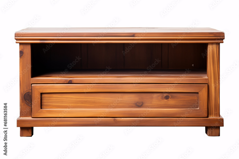 A mahogany TV stand is prominently displayed against a pristine whiteness. A mahogany TV stand is prominently displayed against a pristine whiteness.