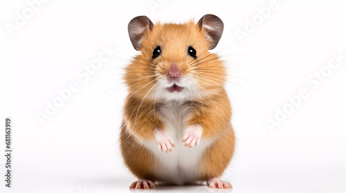 Adorable Roborovski hamster posed sideways against a plain white backdrop. photo