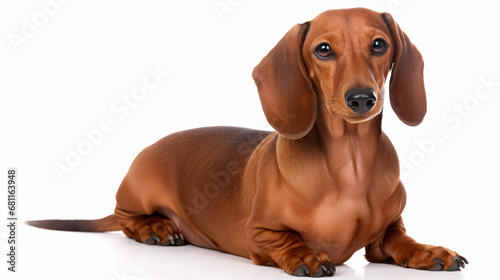 A lone Dachshund sits aloof on a white backdrop.