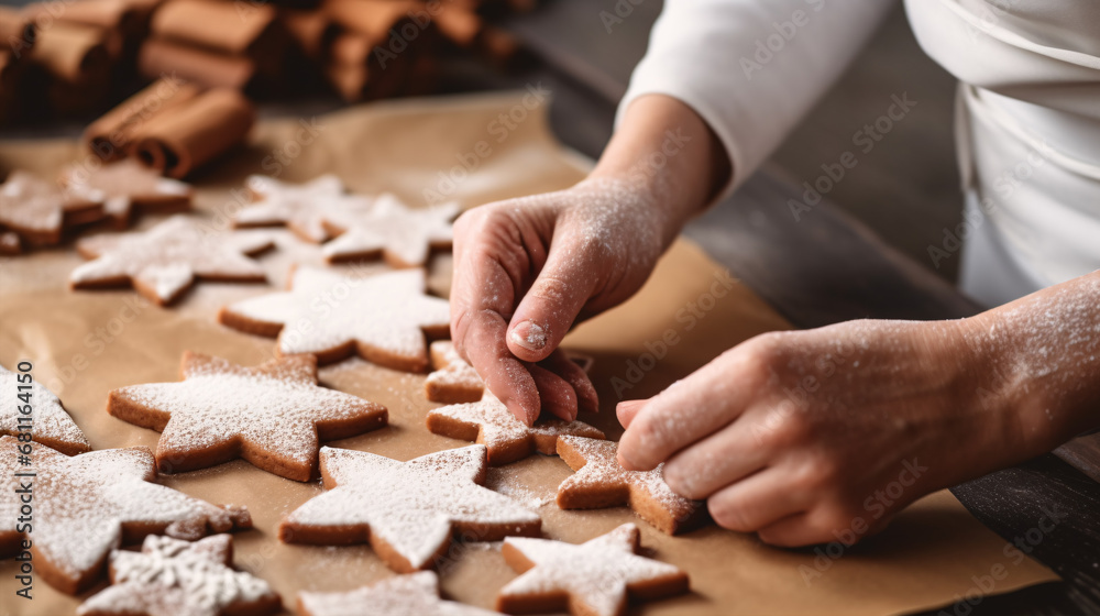 A woman slices a star-shaped gingerbread biscuit from the flattened pastry. A woman slices a star-shaped gingerbread biscuit from the flattened pastry.