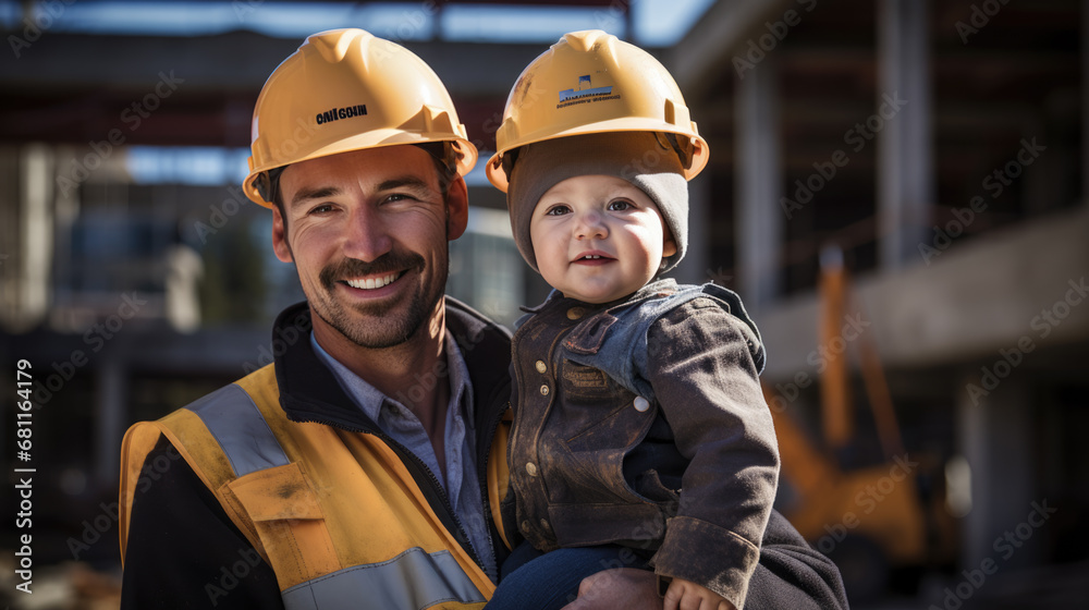 Father in a reflective vest and hardhat is smiling and looking at his child who is also wearing a mini hardhat, sharing a joyful moment together at a construction site.
