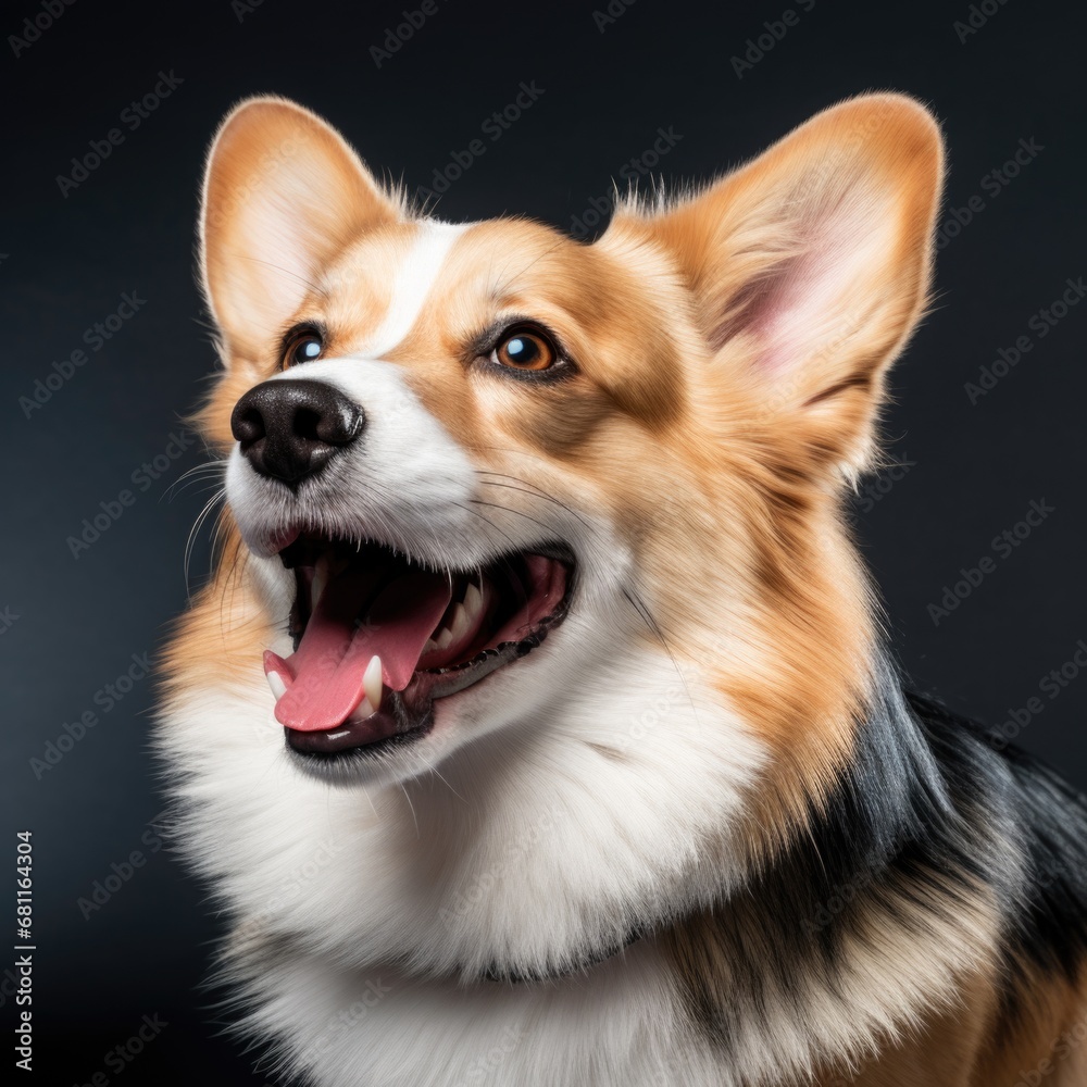 A close up of a corgi dog with its mouth open.