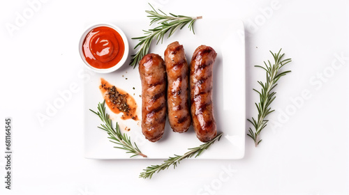 Grilled links on a milky backdrop with rosemary and condiments, overhead shot, blank space. photo
