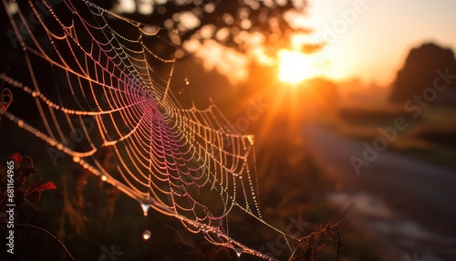 Spider's Silken Tapestry Capturing the Setting Sun's Radiance