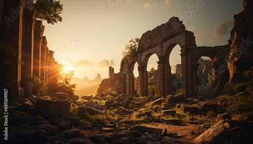 Sunset Over Ancient Ruins in a Rocky Landscape