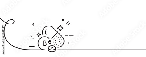 Vitamin B6 line icon. Continuous one line with curl. Food nutrient sign. Capsule or pill supplement symbol. Vitamin B6 single outline ribbon. Loop curve pattern. Vector
