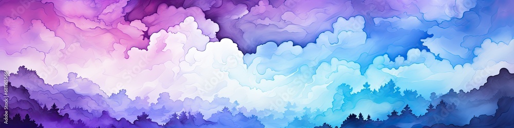 A picture of a painting of a sky with clouds. Abstract panoramic color banner.