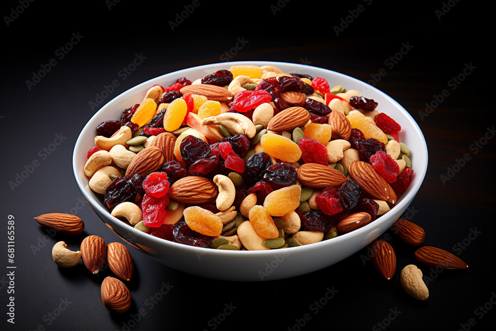 A tasty blend of homemade cereal, nuts, and pretzels is displayed on a plain table surface. A tasty blend of homemade cereal, nuts, and pretzels is displayed on a plain table surface.