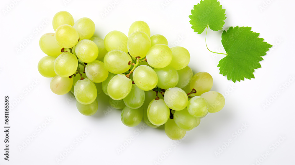Muscat grapes are presented in a top view on a white background, glistening in the light.