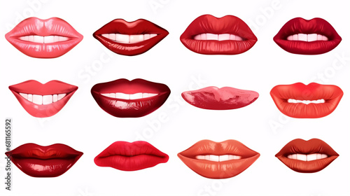 A variety of lipsticks  glosses  tints  and red shades is isolated on a white surface.