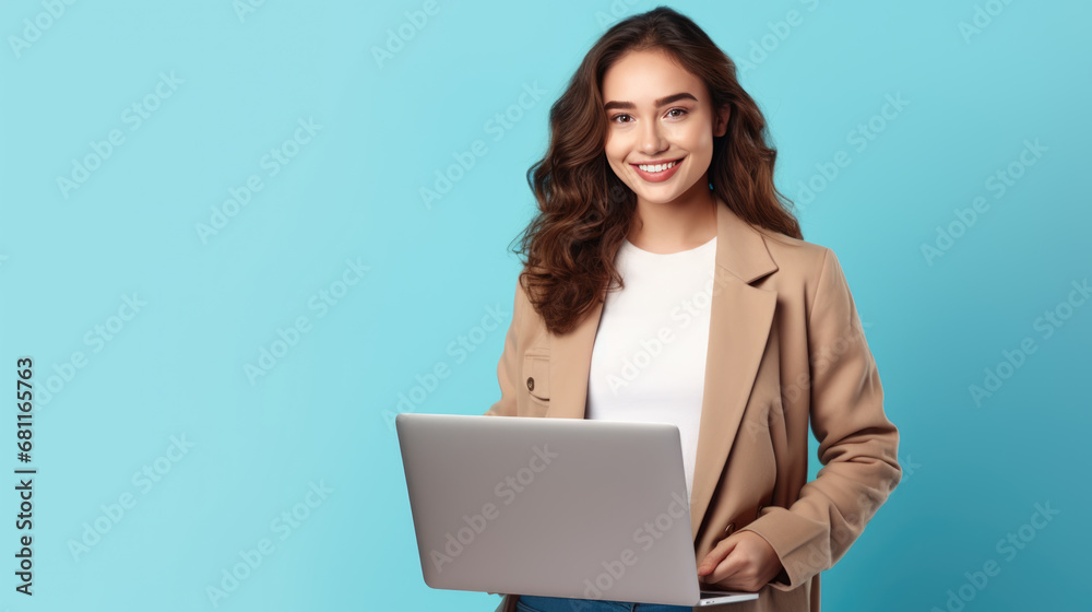 Smiling woman holding a laptop against a blue background.